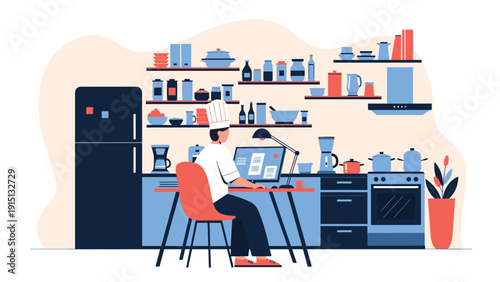 Professional chef wearing a white hat and uniform working on a laptop in a fully equipped kitchen with various cooking appliances.