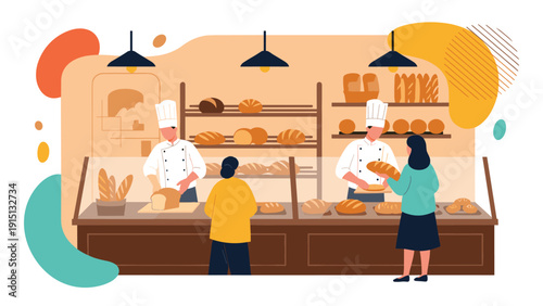 Professional bakers in white uniforms serving local customers at a cozy bakery shop counter filled with fresh bread and pastries.