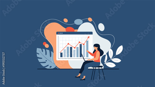 Professional analyst working on a laptop while presenting a large growth chart with statistical data and bar graphs on a screen.