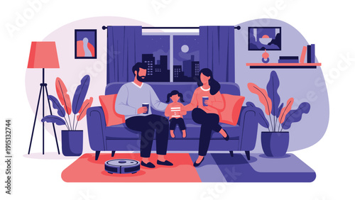Cozy domestic scene of a father, mother, and daughter relaxing on a sofa at home with a modern robot vacuum cleaner on the floor.