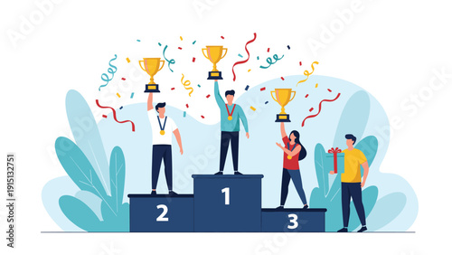 Celebration of success and achievement with winners standing on a podium holding gold trophies and gifts while confetti falls around them.
