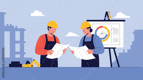 Engineering and architecture professional team reviewing project blueprints and data charts at an urban building construction site.