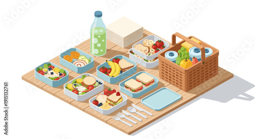 Isometric vector illustration of a picnic basket and several bento boxes filled with nutritious meals, ideal for healthy lifestyle and food blog content.