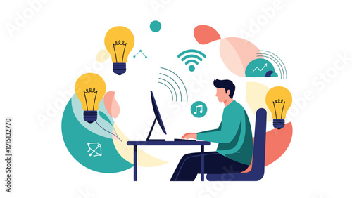Creative professional working on a project at a desk with a computer surrounded by floating lightbulbs and technology innovation icons.