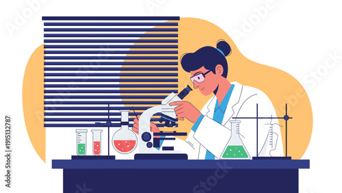 Professional female scientist in a lab coat performing scientific experiments with a microscope and beakers in a research laboratory.