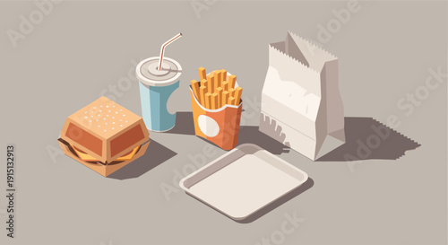 Stylized isometric illustration of a fast food meal including a burger, fries, drink, and serving tray. Perfect for restaurant websites, menus, or promotional materials.