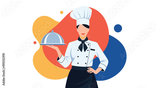 Professional female chef in a white uniform and hat holding a silver serving platter with a dome lid for fine dining.