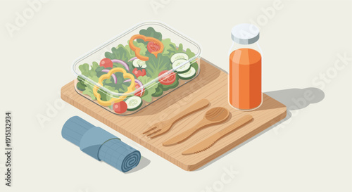 Isometric illustration of a packed salad in a container, orange juice bottle, wooden cutlery, and a rolled towel, on a wooden board. Perfect for health, food, and lifestyle content.