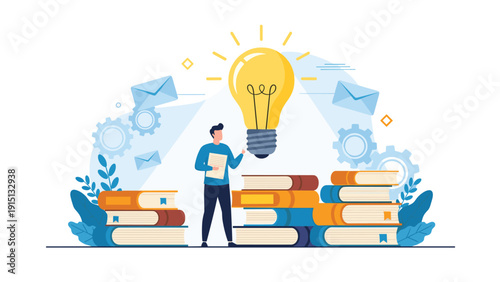 Conceptual illustration showing a man standing among stacks of books with a large glowing lightbulb representing a bright idea.