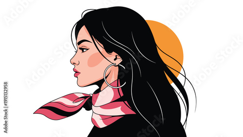 Elegant profile portrait of beautiful woman with long dark hair wearing stylish pink scarf against sunny orange background.