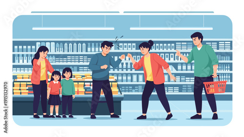 Tense scene showing a group of people having a heated argument while shopping in a crowded grocery store aisle.