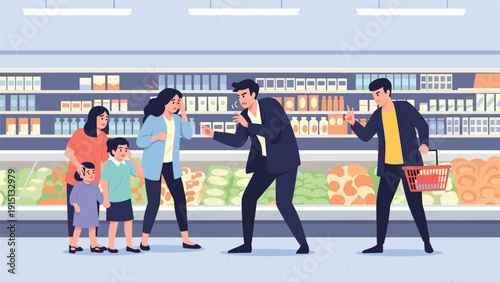 Tense situation in supermarket aisle where two men engage in heated argument while family looks on with concern and fear.