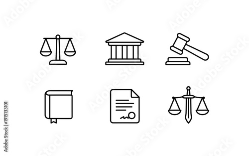 Collection of legal and justice icons including scales, courthouse, gavel, book, and document