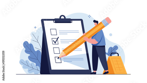 Dedicated worker uses a large pencil to check off completed tasks on a giant clipboard for better organization.