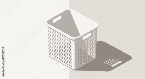 Minimalist isometric illustration of a white plastic laundry basket with a shadow on a neutral background. Ideal for illustrating concepts of chores, organization, or home cleaning.
