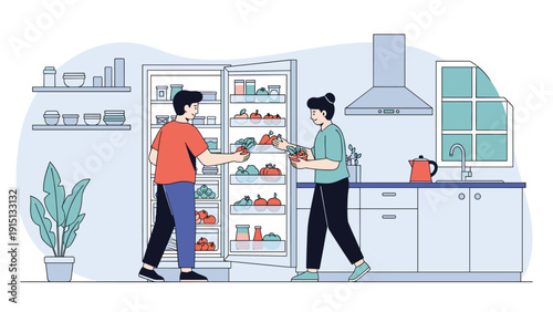 Young couple organizes fresh vegetables and groceries inside a large modern refrigerator in their well-equipped kitchen.