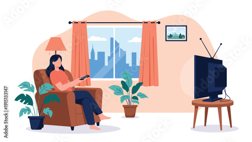Young woman relaxes in a comfortable armchair while watching television with a scenic city view through a large window.