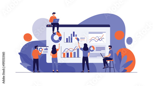 Business team analyzes complex data charts and financial graphs on a large digital dashboard in a modern office.