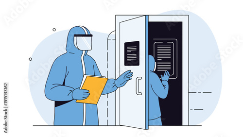 Specialist in a protective hazmat suit stands by a high-security lab door with digital information screens in a sterile environment.