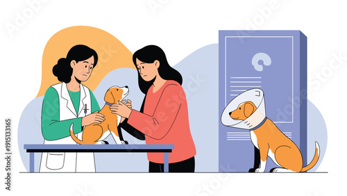 Compassionate veterinarian examines a small puppy while the concerned owner assists during a checkup at a modern clinic.