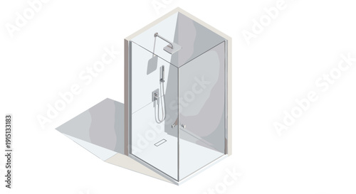 Minimalist isometric illustration of a modern shower stall with glass door, shower head, and fixtures. Suitable for interior design, architecture, or bathroom product promotion.