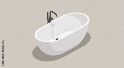 Minimalist isometric illustration of a freestanding white bathtub with a black faucet. Ideal for showcasing bathroom design, interior decor, or relaxation concepts.