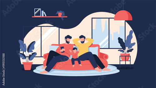 Happy gay couple relaxes on a red sofa at home while spending quality time with their young and happy toddler child.