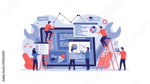 Tiny developers and designers work collaboratively around a giant computer screen to build a complex website with data charts.