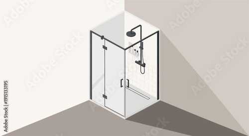 Isometric illustration of a modern shower cabin with black fixtures and white tiles. Ideal for illustrating bathroom designs, construction, or home improvement concepts.