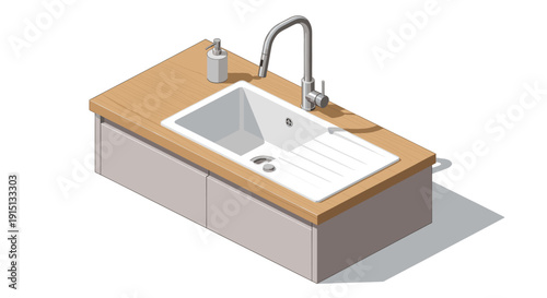 Clean, modern isometric illustration of a kitchen sink with a wood countertop and gray cabinets. Ideal for architectural visualization or interior design graphics.