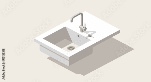 Simple isometric illustration of a white kitchen sink with a modern faucet. Ideal for use in designs needing a clean, minimalist, or architectural element.