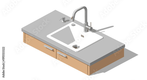 A clean, modern, and bright isometric illustration of a kitchen sink unit with cabinets. Perfect for architectural design, kitchen remodeling, or product catalogs.