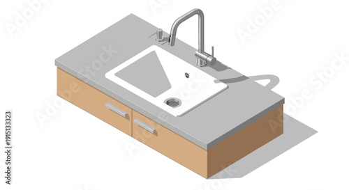Isometric illustration of a modern kitchen sink with chrome faucet and wood cabinet. Could be used for architectural renderings, design mockups, or kitchen planning visuals.