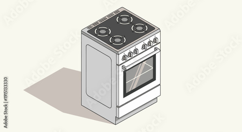A clean, simple isometric illustration of a white oven and stovetop. Ideal for infographics, kitchen design, or appliance-related marketing materials.