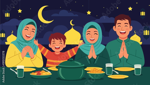 Family gathered around dinner table praying together under starry night sky with mosque in the background