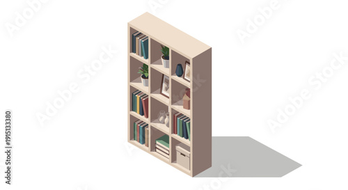 Isometric illustration of a bookshelf with books, plants, and decorative items. Ideal for web design, presentations, and educational materials. Neutral colors.