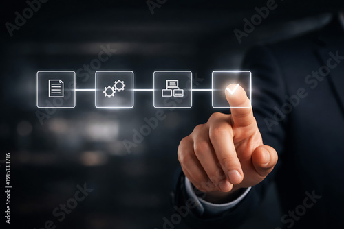 Businessman hand touching workflow process icons technology