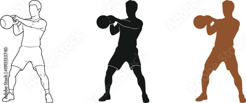 Man performing kettlebell swing exercise in various illustration styles effectively
