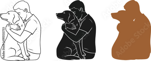 Man tenderly hugging a dog in a loving embrace silhouette