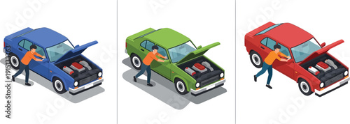 Man repairing a broken down car with an open hood