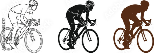 Cyclist riding a road bike in various graphic illustration styles