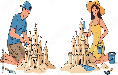Children building sandcastles, beach creativity, summer fun, seaside activity, teamwork, detailed sand towers, family vacation, outdoor play, artistic expression, holiday adventure, coastal joy