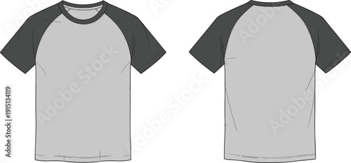 Classic raglan short sleeve t-shirt flat sketch, front and back view, casual unisex apparel design template, black and gray color illustration