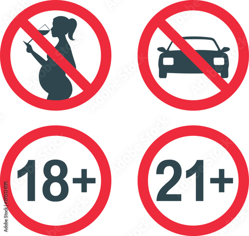 Prohibition and age restriction signs vector illustration with no pregnancy no car and 18 plus 21 plus symbols