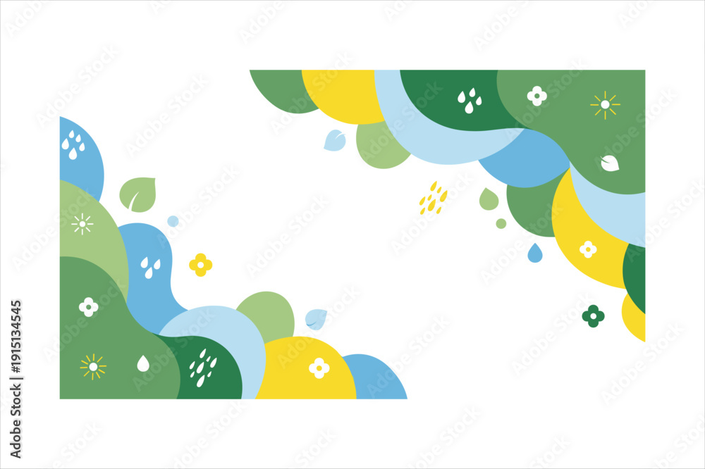 Naklejka premium Colorful abstract landscape corner frame with green blue and yellow shapes and flowers
