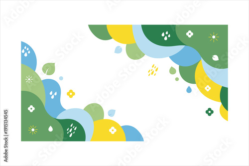 Colorful abstract landscape corner frame with green blue and yellow shapes and flowers