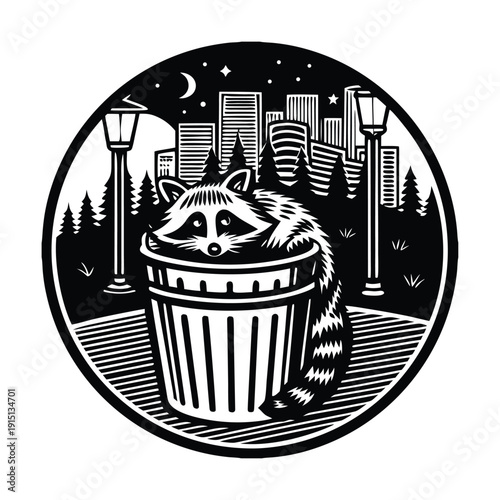 Vector illustration of raccoon in trash can at night