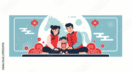 Happy Chinese New Year celebration with a family dressed in traditional red outfits, symbolizing prosperity and good fortune during the festive season