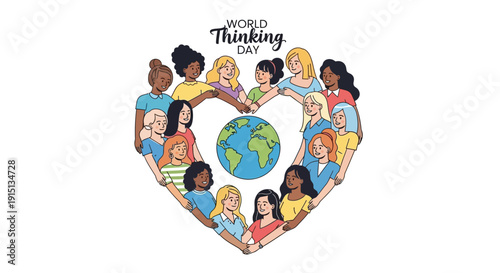 Illustration of diverse people forming a heart around the Earth on World Thinking Day, promoting global action and sisterhood for empowering girls and community service.