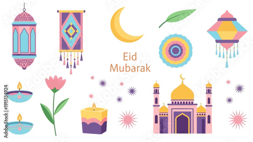 Vibrant Eid Mubarak celebration illustration featuring mosque, lanterns, and flowers in a festive atmosphere